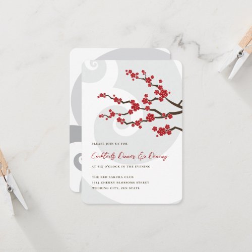 Red Sakura Flowers Cherry Blossoms Swirls Wedding Invitation