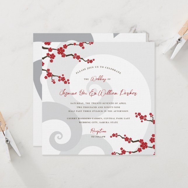 Red Sakura Flowers Cherry Blossoms Swirls Wedding Invitation (Front/Back In Situ)