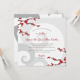 Red Sakura Flowers Cherry Blossoms Swirls Wedding Invitation