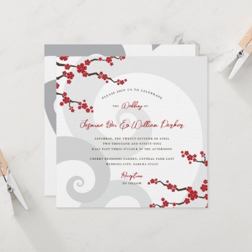 Red Sakura Flowers Cherry Blossoms Swirls Wedding Invitation