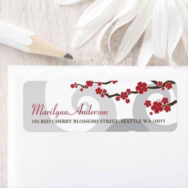 Red Sakura Flowers Cherry Blossoms Swirls Wedding Label (Insitu)