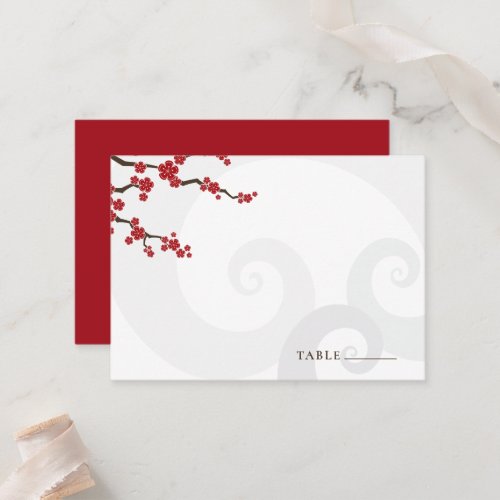 Red Sakura Flowers Cherry Blossoms Swirls Wedding Place Card