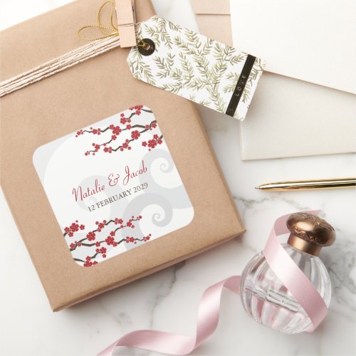 Red Sakura Flowers Cherry Blossoms Swirls Wedding Square Sticker