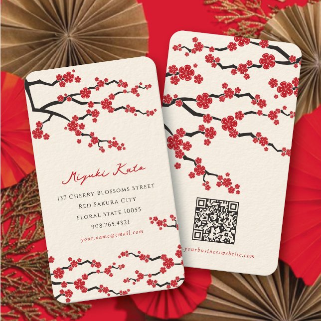 Red Sakura Flowers Modern Oriental Cherry Blossoms Business Card (Elegant Red Sakura Flowers Modern Oriental Chic Cherry Blossoms Business / Profile Card @ fatfatin)