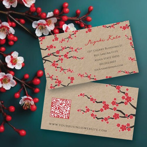 Red Sakura Flowers Oriental Cherry Blossoms Asian Business Card