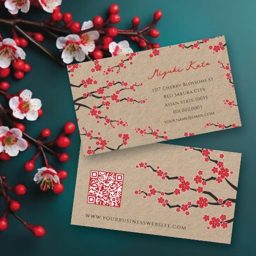 Customizable Red Sakuras Oriental Zen Asian Cherry Blossoms Business Card Template