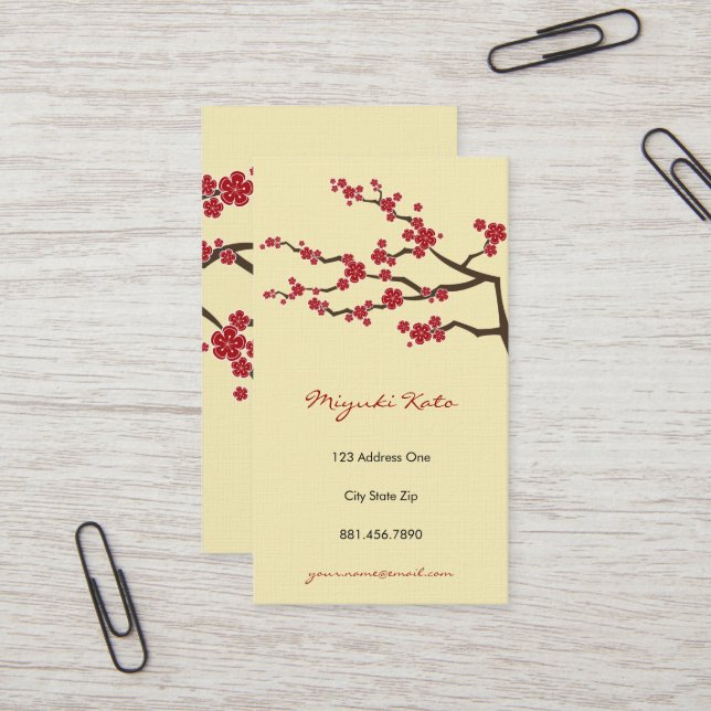 Red Sakura Flowers Oriental Chic Cherry Blossoms Business Card (Front/Back In Situ)