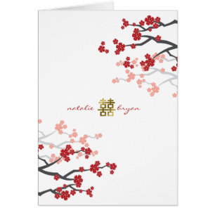 Red Sakura Gold Double Happiness Chinese Wedding Cards