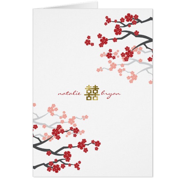 Red Sakura Gold Double Happiness Chinese Wedding Cards (Front)