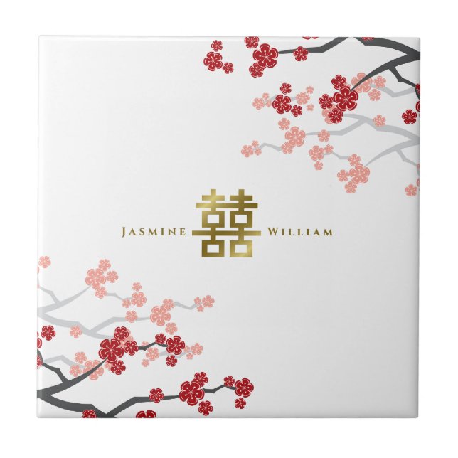 Red Sakura Gold Double Happiness Chinese Wedding Ceramic Tile (Front)