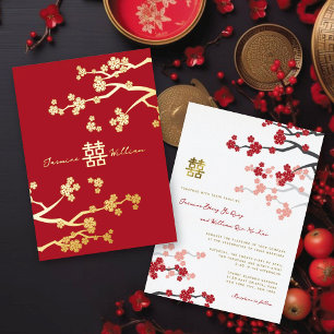Red Sakura Golden Double Happiness Chinese Wedding Foil Invitation