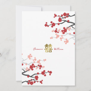 Red Sakura Golden Double Happiness Chinese Wedding Invitation