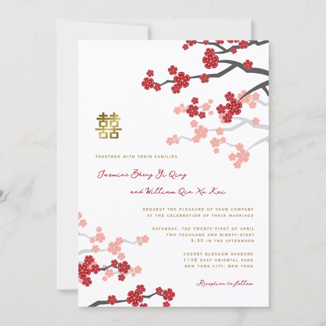 Red Sakura Golden Double Happiness Chinese Wedding Invitation (Back)