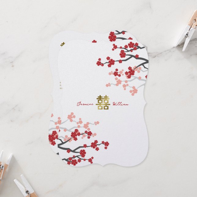 Red Sakura Golden Double Happiness Chinese Wedding Invitation (Front/Back In Situ)