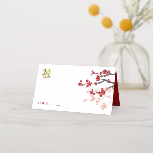 Red Sakura Golden Double Happiness Chinese Wedding Place Card