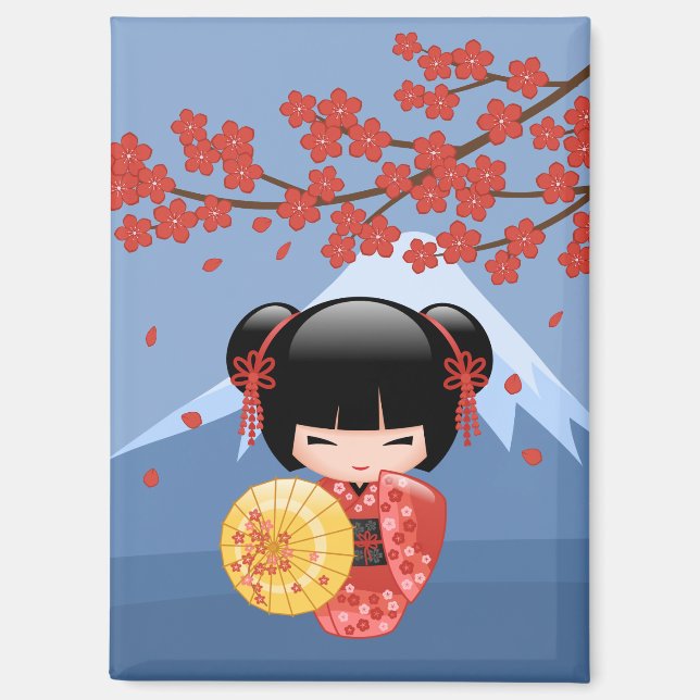 Red Sakura Kokeshi Cute Geisha Blue Mountain Magnet (Front)