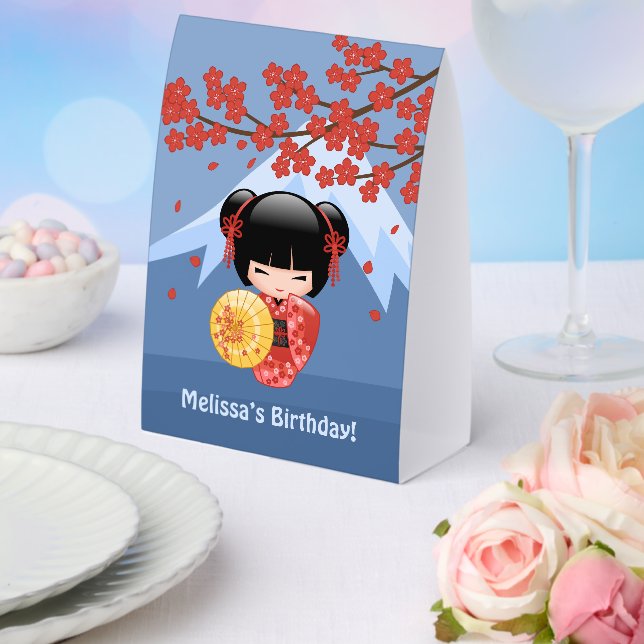 Red Sakura Kokeshi Cute Geisha Girl Blue Paper Table Tent (Insitu(Wedding))