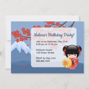 Red Sakura Kokeshi Doll Cute Geisha Birthday Party Invitation