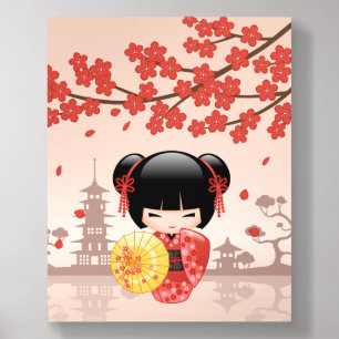 Red Sakura Kokeshi Doll Cute Geisha Girl Beige Acrylic Photo Tile