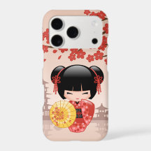 Red Sakura Kokeshi Doll Cute Geisha Girl Beige