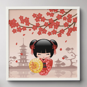 Red Sakura Kokeshi Doll Cute Geisha Girl Beige Peel And Stick Photo Tile