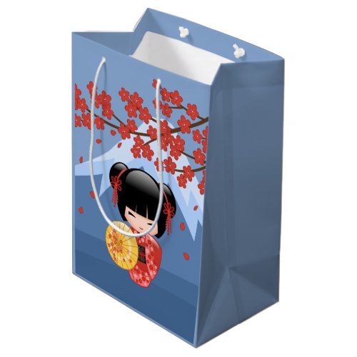 Red Sakura Kokeshi Doll _ Cute Geisha Girl Blue Medium Gift Bag