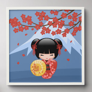 Red Sakura Kokeshi Doll Cute Geisha Girl Blue Peel And Stick Photo Tile