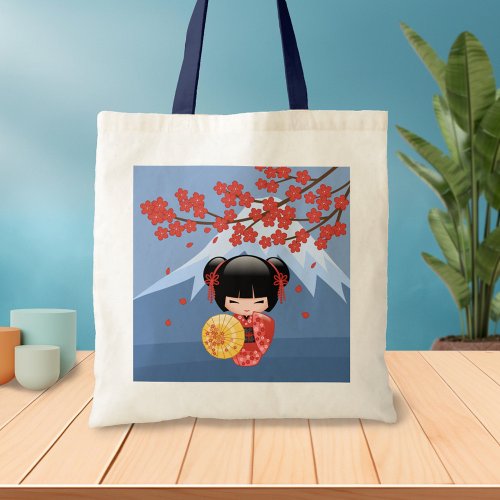 Red Sakura Kokeshi Doll _ Cute Geisha Girl Blue Tote Bag