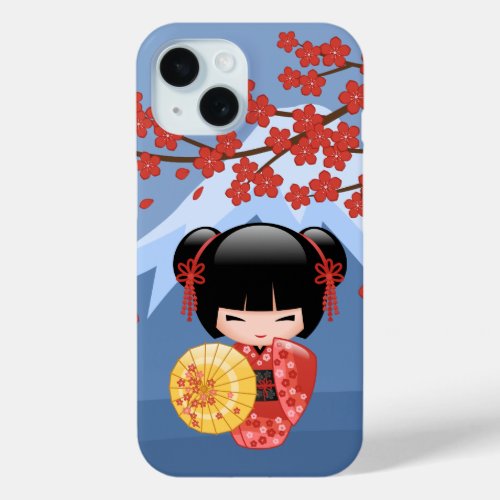 Red Sakura Kokeshi Doll _ Cute Geisha Girl iPhone 15 Case
