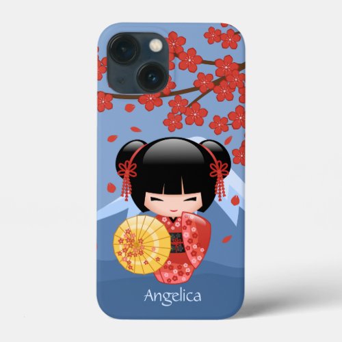 Red Sakura Kokeshi Doll _ Cute Geisha Girl iPhone 13 Mini Case