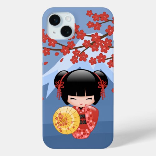 Red Sakura Kokeshi Doll _ Cute Geisha Girl iPhone 15 Plus Case