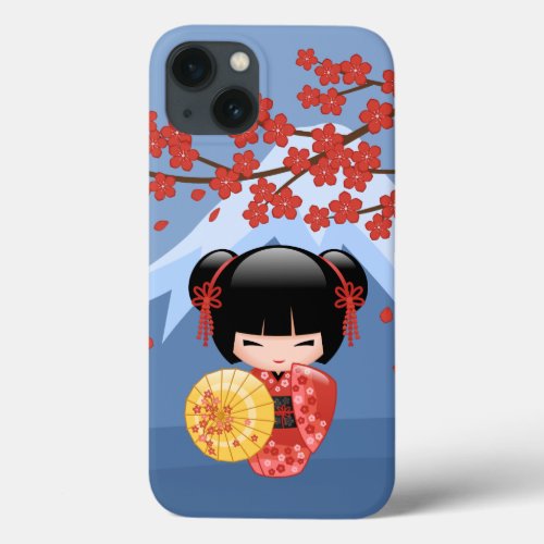 Red Sakura Kokeshi Doll _ Cute Geisha Girl iPhone 13 Case