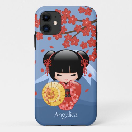 Red Sakura Kokeshi Doll _ Cute Geisha Girl iPhone 11 Case