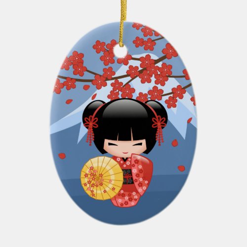 Red Sakura Kokeshi Doll _ Cute Geisha Girl Ceramic Ornament