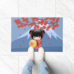 Red Sakura Kokeshi Doll - Cute Geisha Girl Doormat