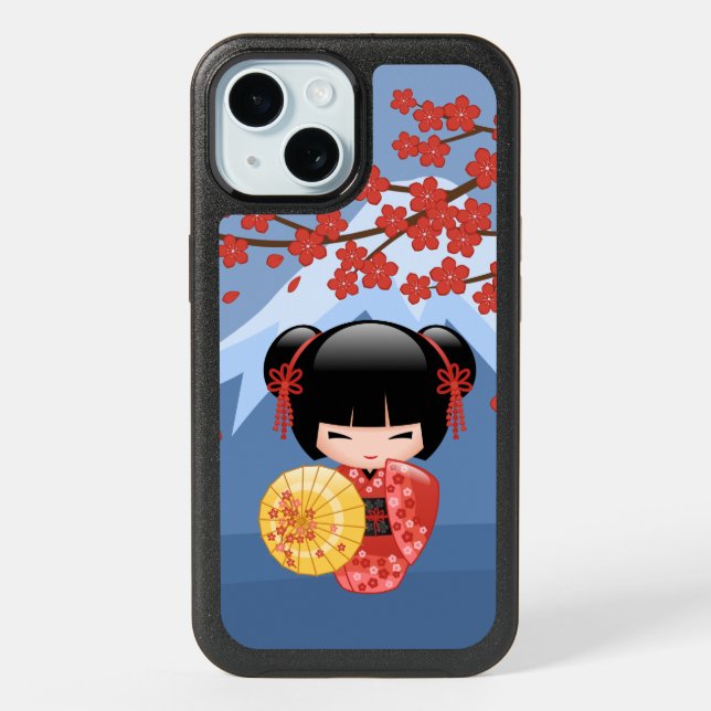 Red Sakura Kokeshi Doll - Cute Geisha Girl iPhone 15 Case (Back)