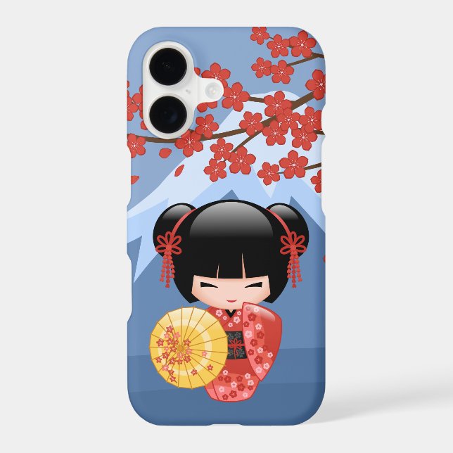 Red Sakura Kokeshi Doll - Cute Geisha Girl iPhone Case (Back)