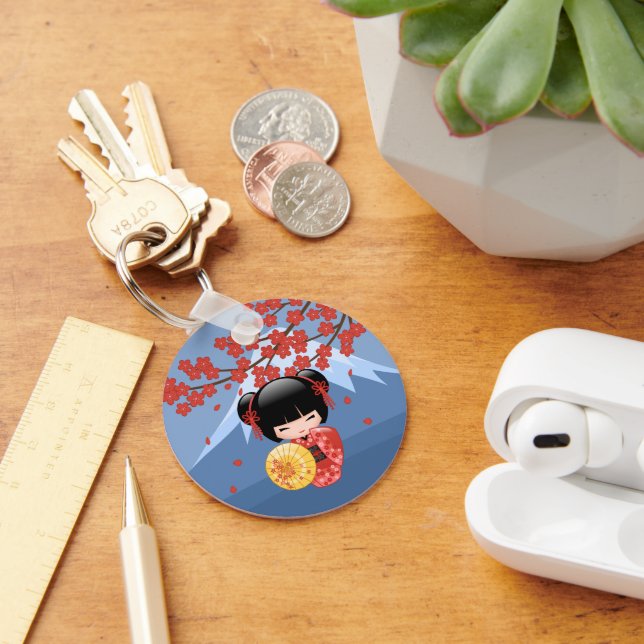 Red Sakura Kokeshi Doll - Cute Geisha Girl Keychain (Desk)