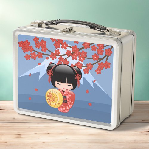 Red Sakura Kokeshi Doll _ Cute Geisha Girl Metal Lunch Box