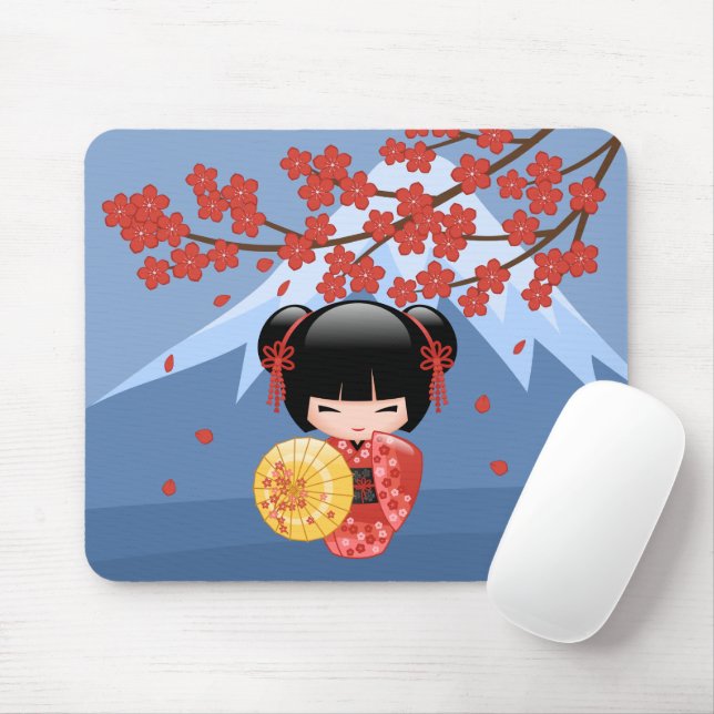 Red Sakura Kokeshi Doll - Cute Geisha Girl Mouse Pad (With Mouse)