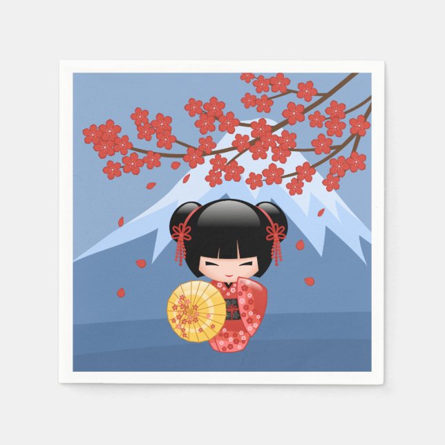 Red Sakura Kokeshi Doll - Cute Geisha Girl Napkins (Front)
