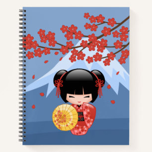 Red Sakura Kokeshi Doll - Cute Geisha Girl Notebook