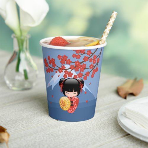 Red Sakura Kokeshi Doll _ Cute Geisha Girl Paper Cups