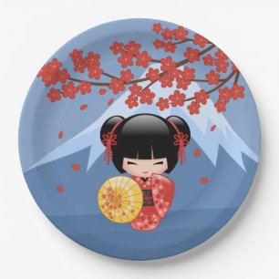Red Sakura Kokeshi Doll - Cute Geisha Girl Paper Plates