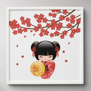 Red Sakura Kokeshi Doll Cute Geisha Girl Peel And Stick Photo Tile