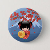 Spring Kokeshi Doll - Cute Japanese Geisha on Pink Button | Zazzle