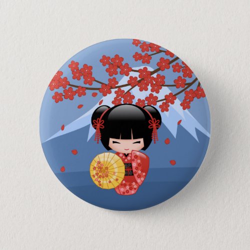 Red Sakura Kokeshi Doll _ Cute Geisha Girl Pinback Button