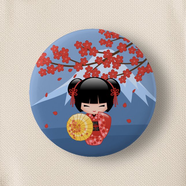 Red Sakura Kokeshi Doll - Cute Geisha Girl Pinback Button (Creator Uploaded)