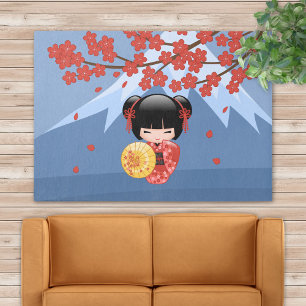 Red Sakura Kokeshi Doll - Cute Geisha Girl Rug