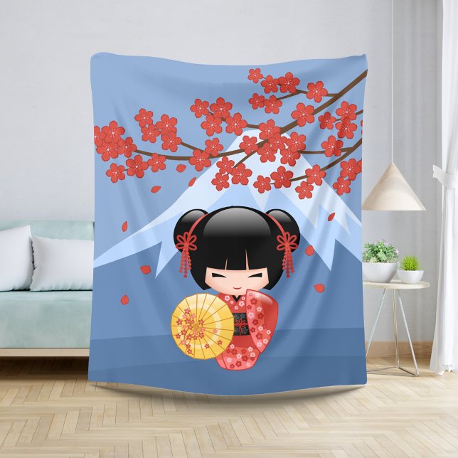 Red Sakura Kokeshi Doll - Cute Geisha Girl Sherpa Blanket (Creator Uploaded)